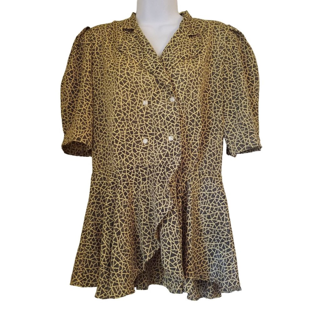 Annes Fashion S Yellow Geometric Print Blouse Peplum Career Office Double Breast